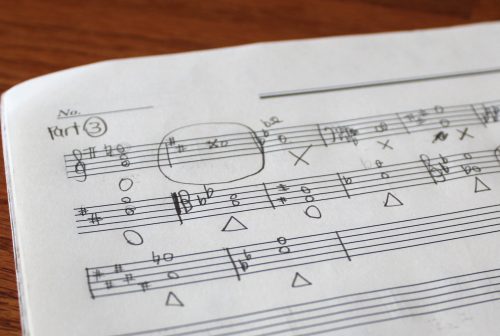A close up image of annotated, hand written sheet music